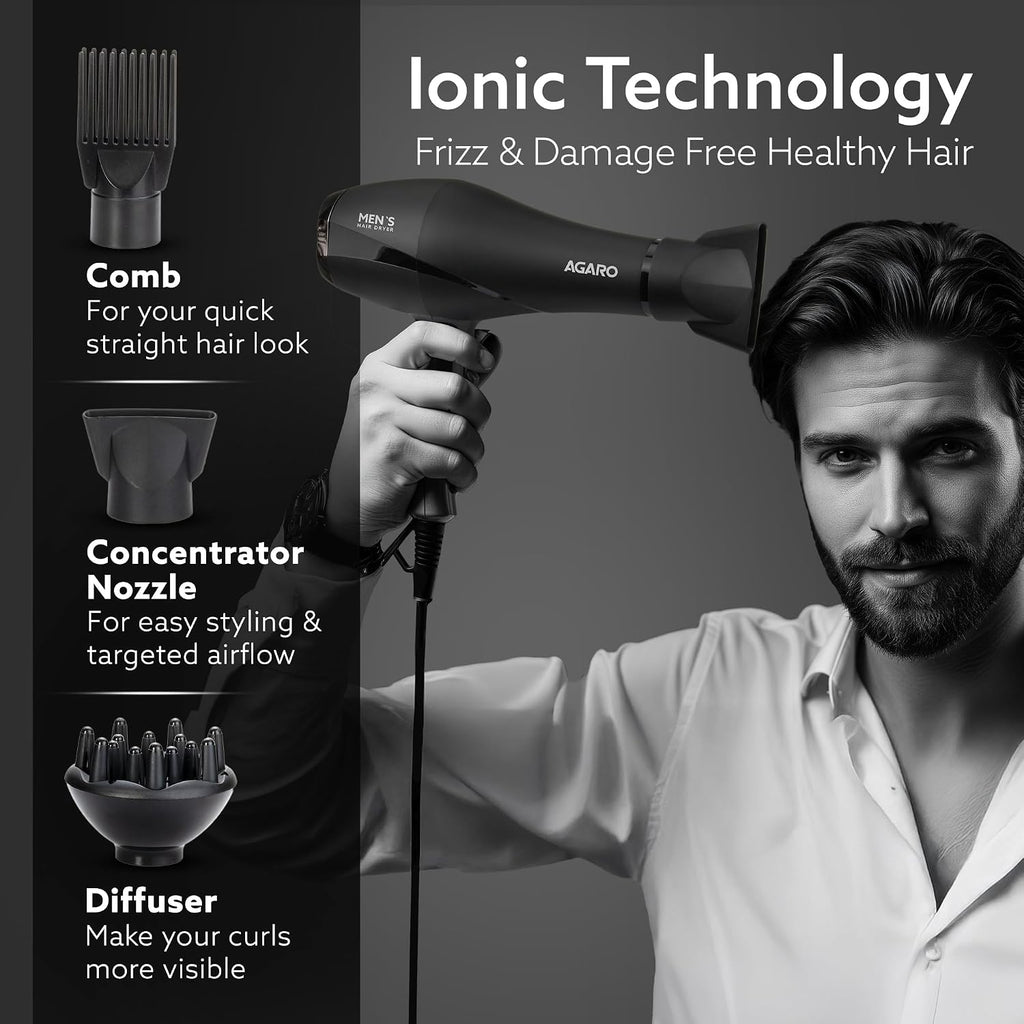 AGARO 2000W AC Professional Hair Dryer with Comb, Concentrator & Diffuser Nozzles, Hot & Cold Air, 2 Speed & 3 Temperature Settings with Cool Shot, 16A Socket, Hair Dryer & Blower for Men, Black