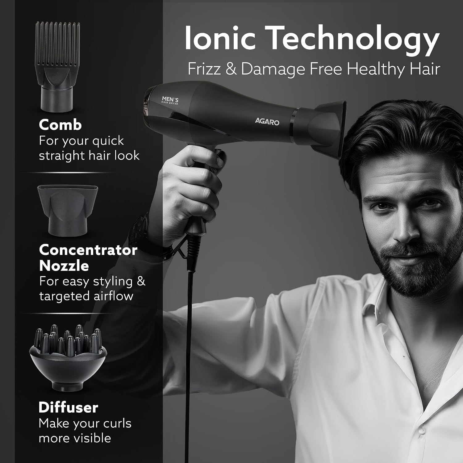 AGARO 2000W AC Professional Hair Dryer with Comb, Concentrator & Diffuser Nozzles, Hot & Cold Air, 2 Speed & 3 Temperature Settings with Cool Shot, 16A Socket, Hair Dryer & Blower for Men, Black