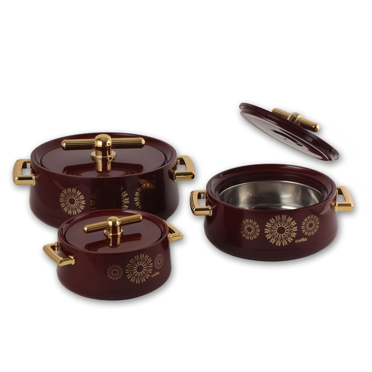 CELLO Jewel NX Insulated Casserole Set of 3 Pcs (500ml, 1000ml, 1500ml) Burgundy |