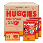 Huggies Comfy Pants Baby Diaper, Extra Large (XL) Size (12-17 Kgs), Pack of 72 (24 Count, Pack of 3)