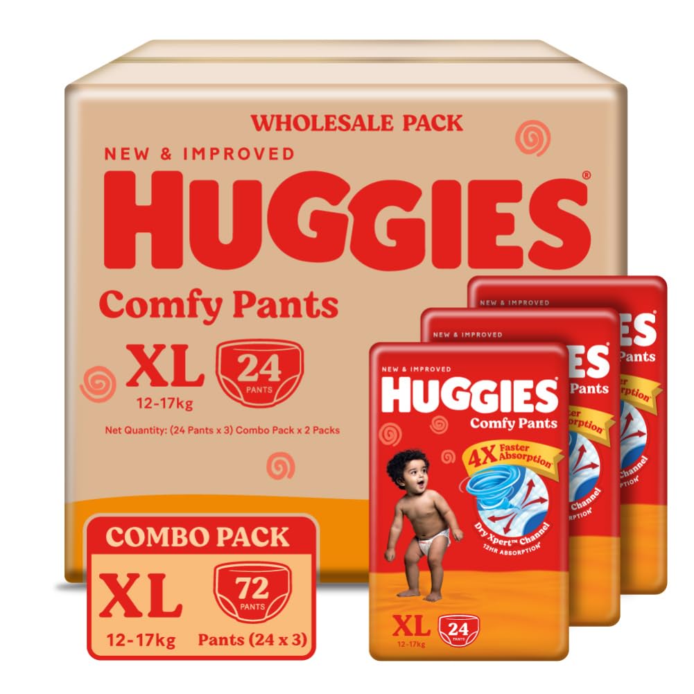 Huggies Comfy Pants Baby Diaper, Extra Large (XL) Size (12-17 Kgs), Pack of 72 (24 Count, Pack of 3)