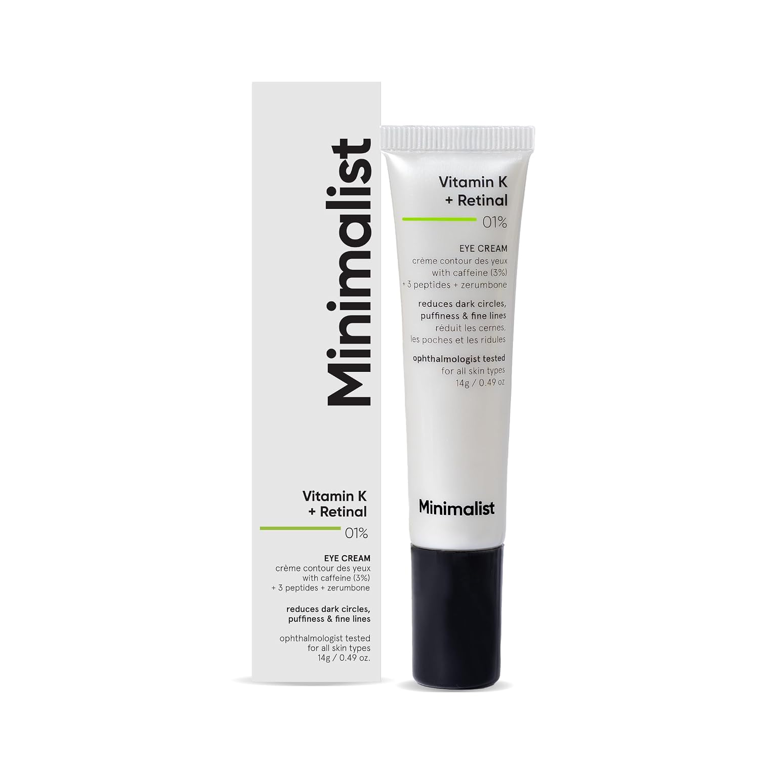 Minimalist Vitamin K + Retinal 01% Under Eye Cream | Reduces Dark Circles, Wrinkles & Fine Lines | With Caffeine for Puffiness | For Women & Men | 14 gm