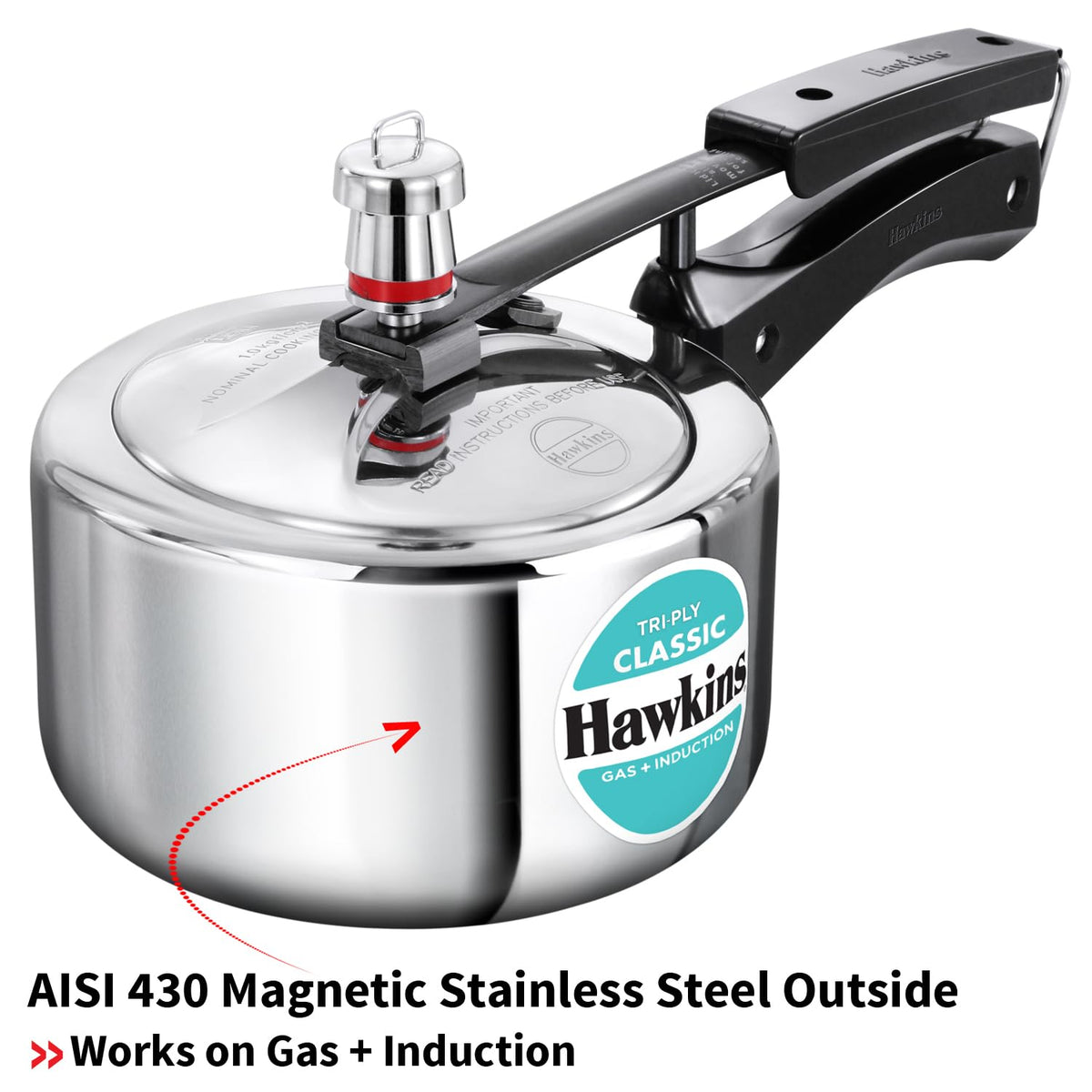 Hawkins Classic 1.5 Litre Triply Stainless Steel Pressure Cooker | Straight Body | Induction & Gas Compatible | Ideal for 1–2 persons | ISI Certified | Guaranteed for 5 year | Silver (SSTCL15)