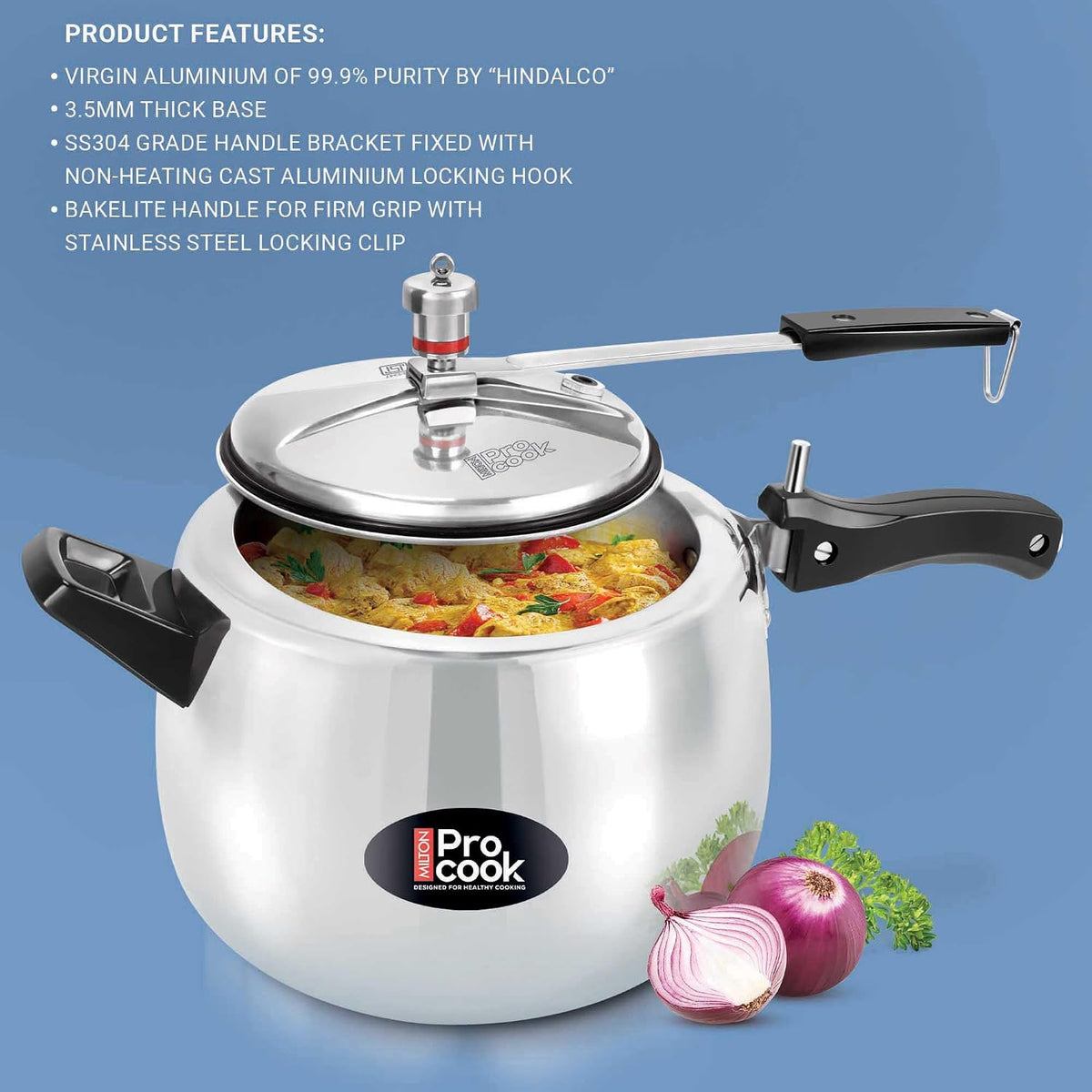 Milton Pro Cook 6.5 Litres Curve Pressure Cooker with Inner Lid, Aluminium, Non-Induction Bottom Handi, Hot Plate & Flame Safe, Silver, BIS Certified, 5 Years Warranty