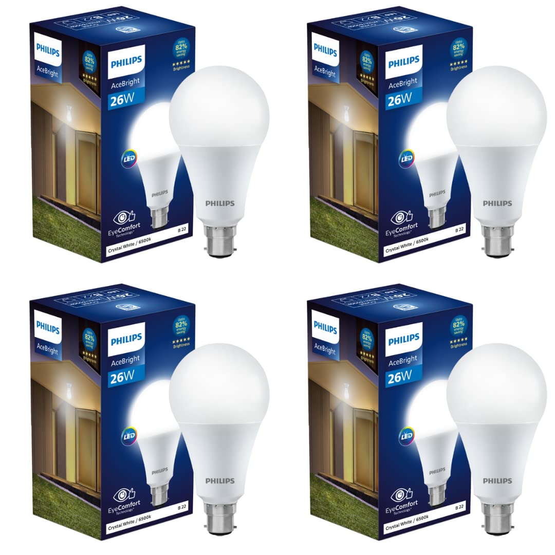 Philips 26-watt LED Bulb |AceBright High Wattage LED Bulb|Base: B22 Light Bulb for Home | Crystal White, Pack of 4