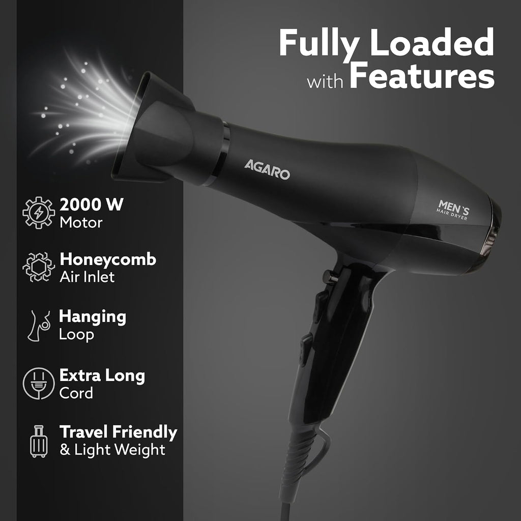 AGARO 2000W AC Professional Hair Dryer with Comb, Concentrator & Diffuser Nozzles, Hot & Cold Air, 2 Speed & 3 Temperature Settings with Cool Shot, 16A Socket, Hair Dryer & Blower for Men, Black