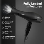 AGARO 2000W AC Professional Hair Dryer with Comb, Concentrator & Diffuser Nozzles, Hot & Cold Air, 2 Speed & 3 Temperature Settings with Cool Shot, 16A Socket, Hair Dryer & Blower for Men, Black
