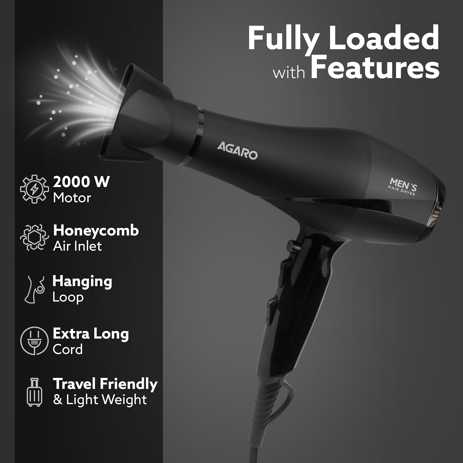AGARO 2000W AC Professional Hair Dryer with Comb, Concentrator & Diffuser Nozzles, Hot & Cold Air, 2 Speed & 3 Temperature Settings with Cool Shot, 16A Socket, Hair Dryer & Blower for Men, Black