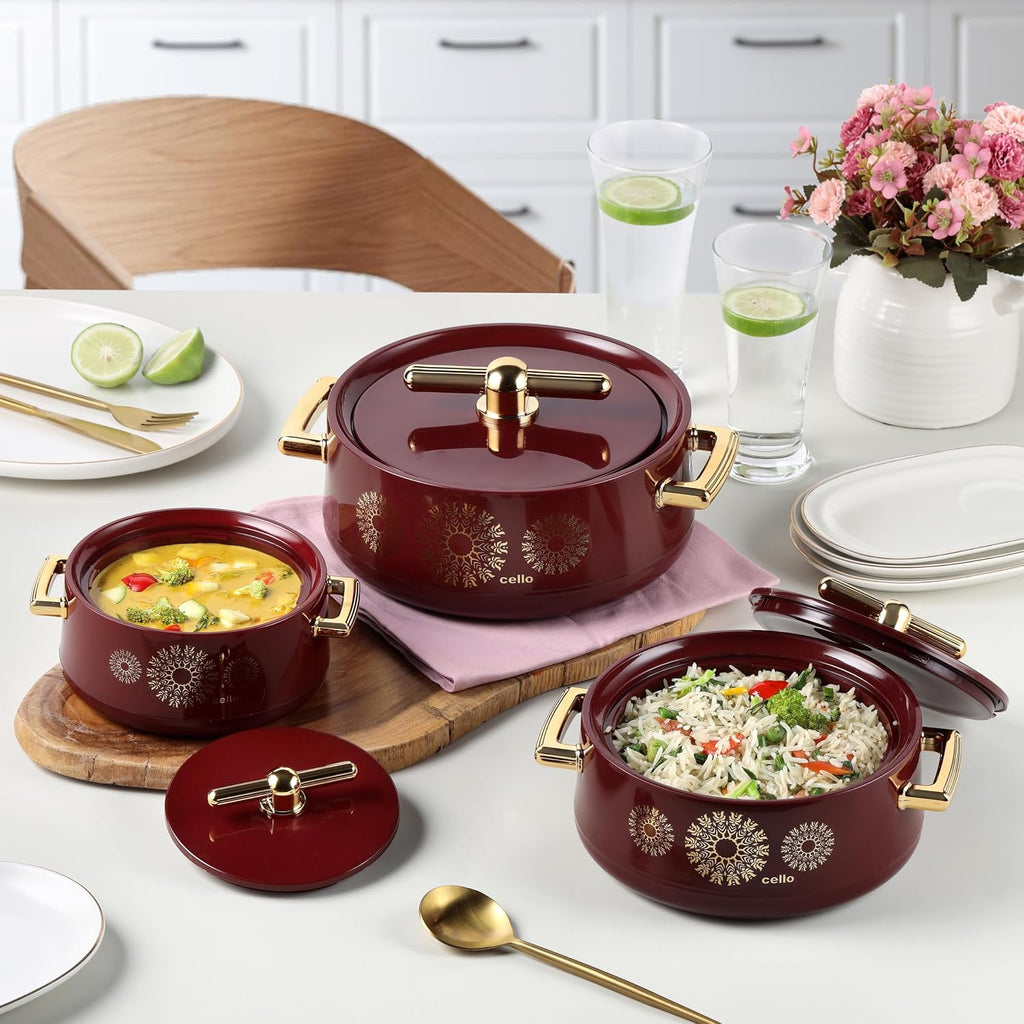 CELLO Jewel NX Insulated Casserole Set of 3 Pcs (500ml, 1000ml, 1500ml) Burgundy |