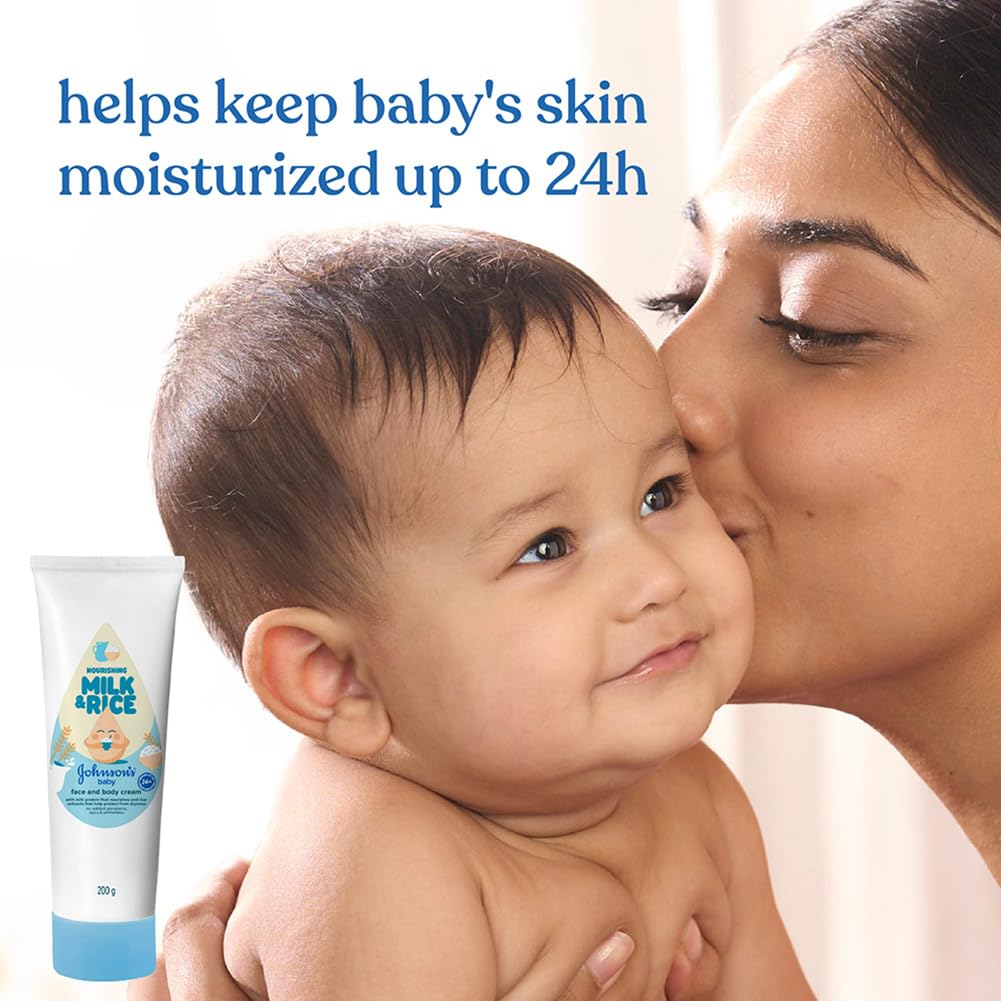 Johnson's Baby Milk and Rice Cream, 200g | Face & Body Cream for All Skin Types Including Sensitive Skin | With Milk Protein