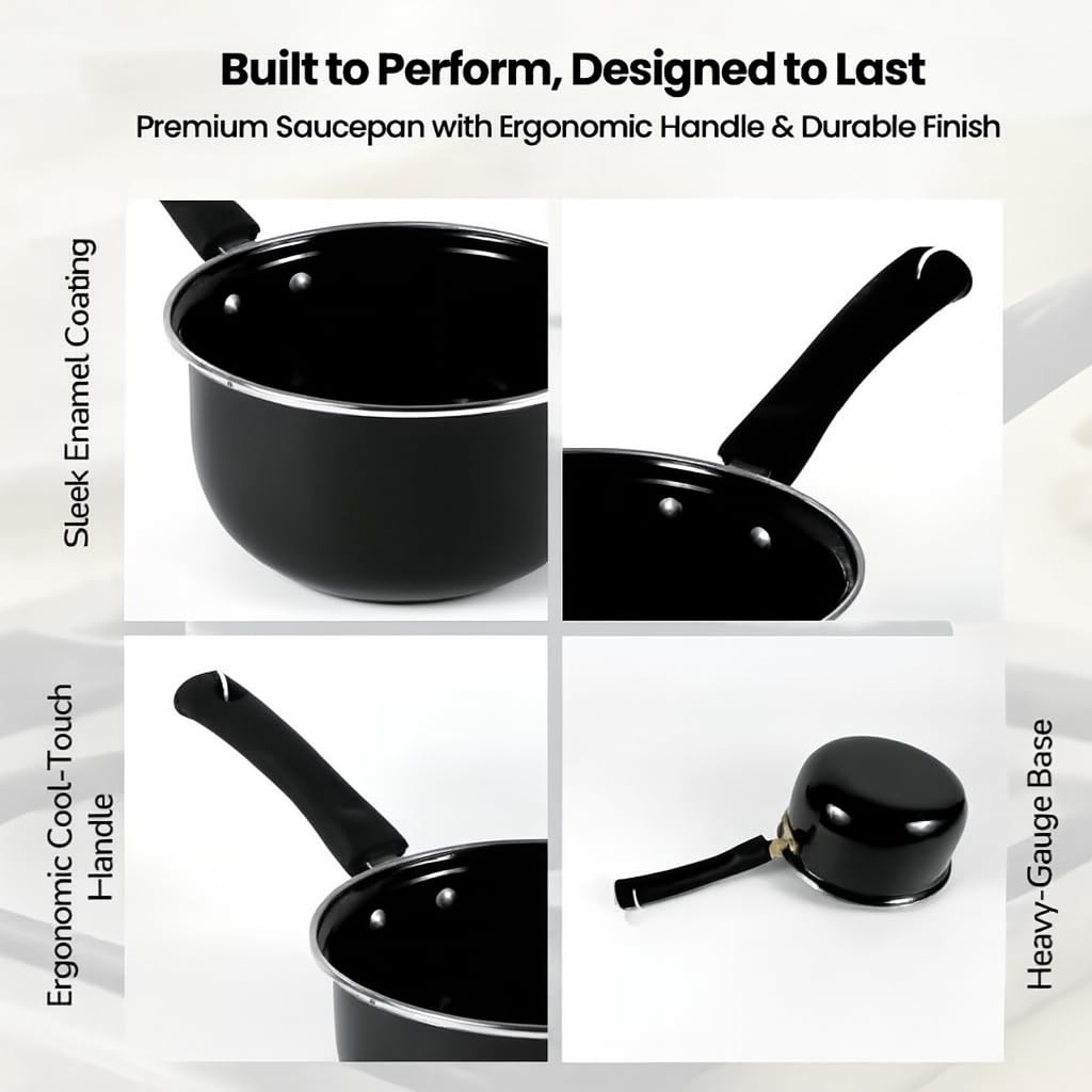 Premium Enamel Coating Nonstick Saucepan | Milk Pan | Tea Pan | Sauce pan| Cool Touch Handle | Black (16 cm 1.6 LTR)