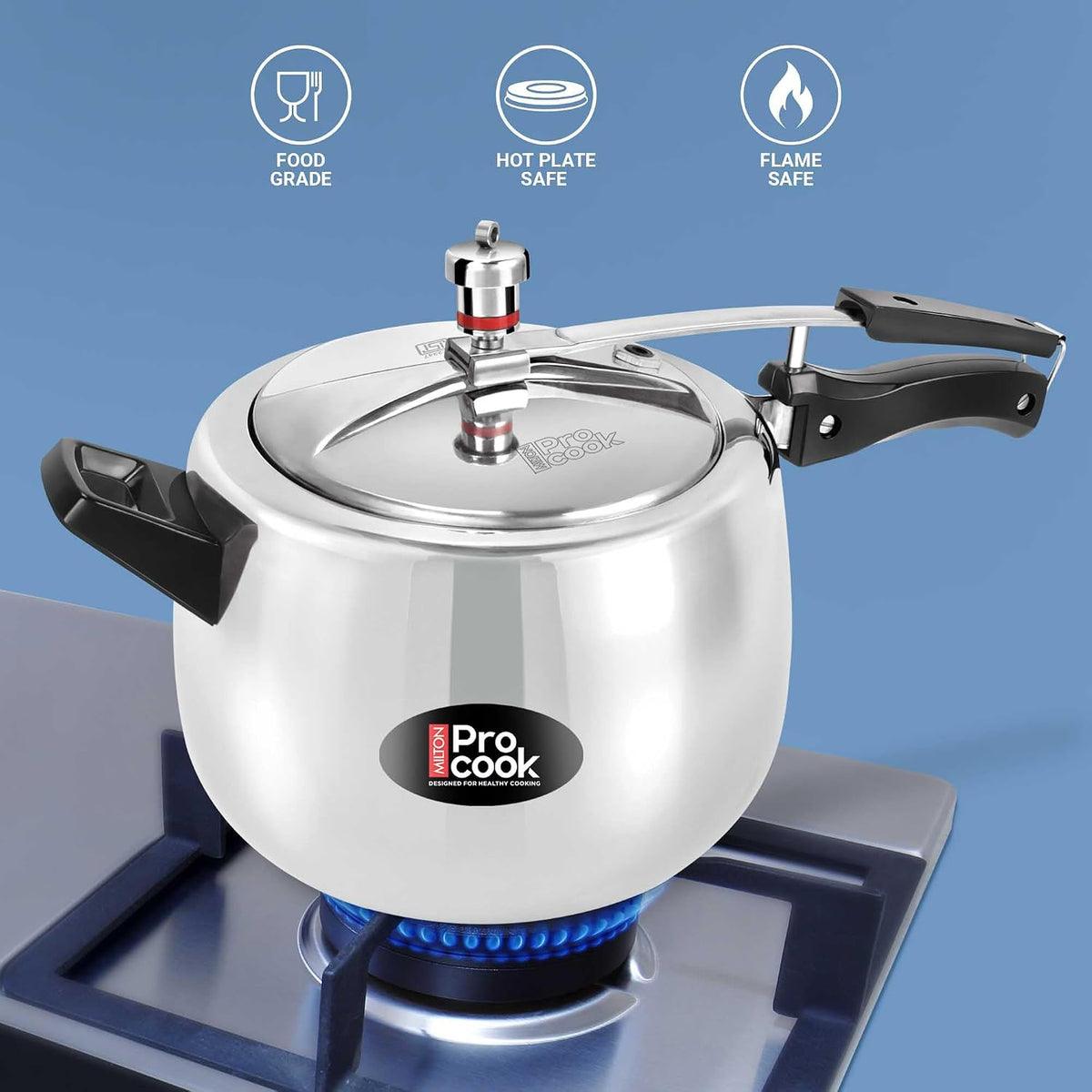 Milton Pro Cook 6.5 Litres Curve Pressure Cooker with Inner Lid, Aluminium, Non-Induction Bottom Handi, Hot Plate & Flame Safe, Silver, BIS Certified, 5 Years Warranty