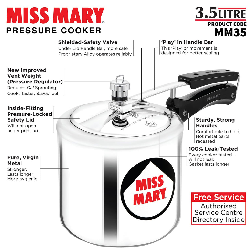 Hawkins 3.5 Litre Miss Mary Pressure Cooker, Inner Lid Cooker, Silver (MM35)