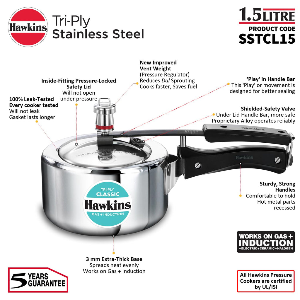 Hawkins Classic 1.5 Litre Triply Stainless Steel Pressure Cooker | Straight Body | Induction & Gas Compatible | Ideal for 1–2 persons | ISI Certified | Guaranteed for 5 year | Silver (SSTCL15)