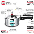 Hawkins Classic 1.5 Litre Triply Stainless Steel Pressure Cooker | Straight Body | Induction & Gas Compatible | Ideal for 1–2 persons | ISI Certified | Guaranteed for 5 year | Silver (SSTCL15)
