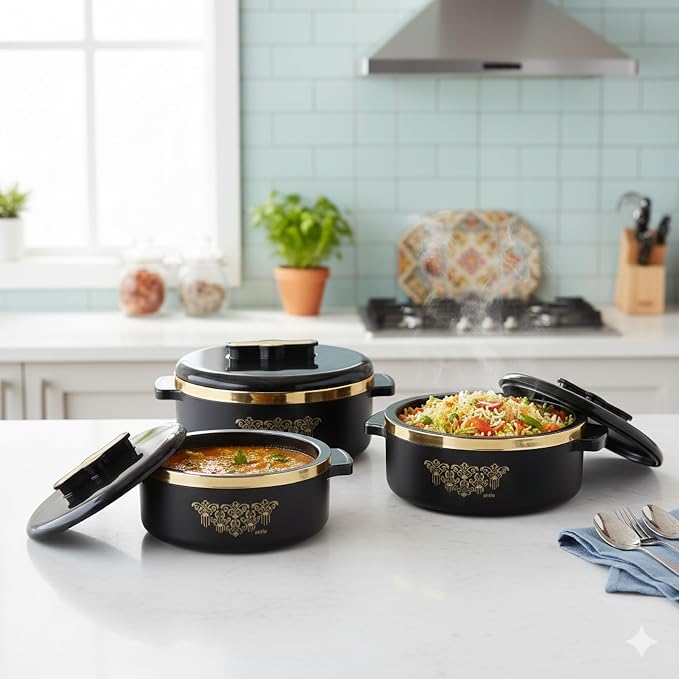 CELLO Exotic Insulated Casserole Set of 3, (500ml, 1000ml, 1500ml) Black |