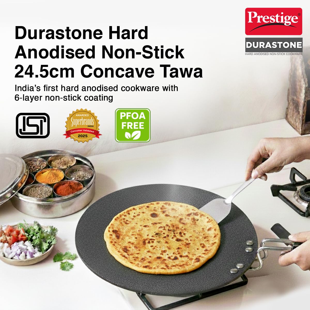 Prestige Durastone Hard Anodised Non-Stick Omni tawa(24.5 cm)|6 Layers Extra Durable Stone Coating|