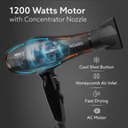 AGARO 2000W AC Professional Hair Dryer with Comb, Concentrator & Diffuser Nozzles, Hot & Cold Air, 2 Speed & 3 Temperature Settings with Cool Shot, 16A Socket, Hair Dryer & Blower for Men, Black