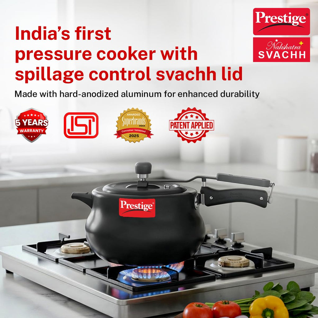 Prestige 5 Litre Hard Anodised Nakshatra Plus Svachh Innerlid Pressure Cooker|Deep lid for spillage control|Gas & Induction Compatible|Metallic Safety Plug|5 years warranty|ISI Certified