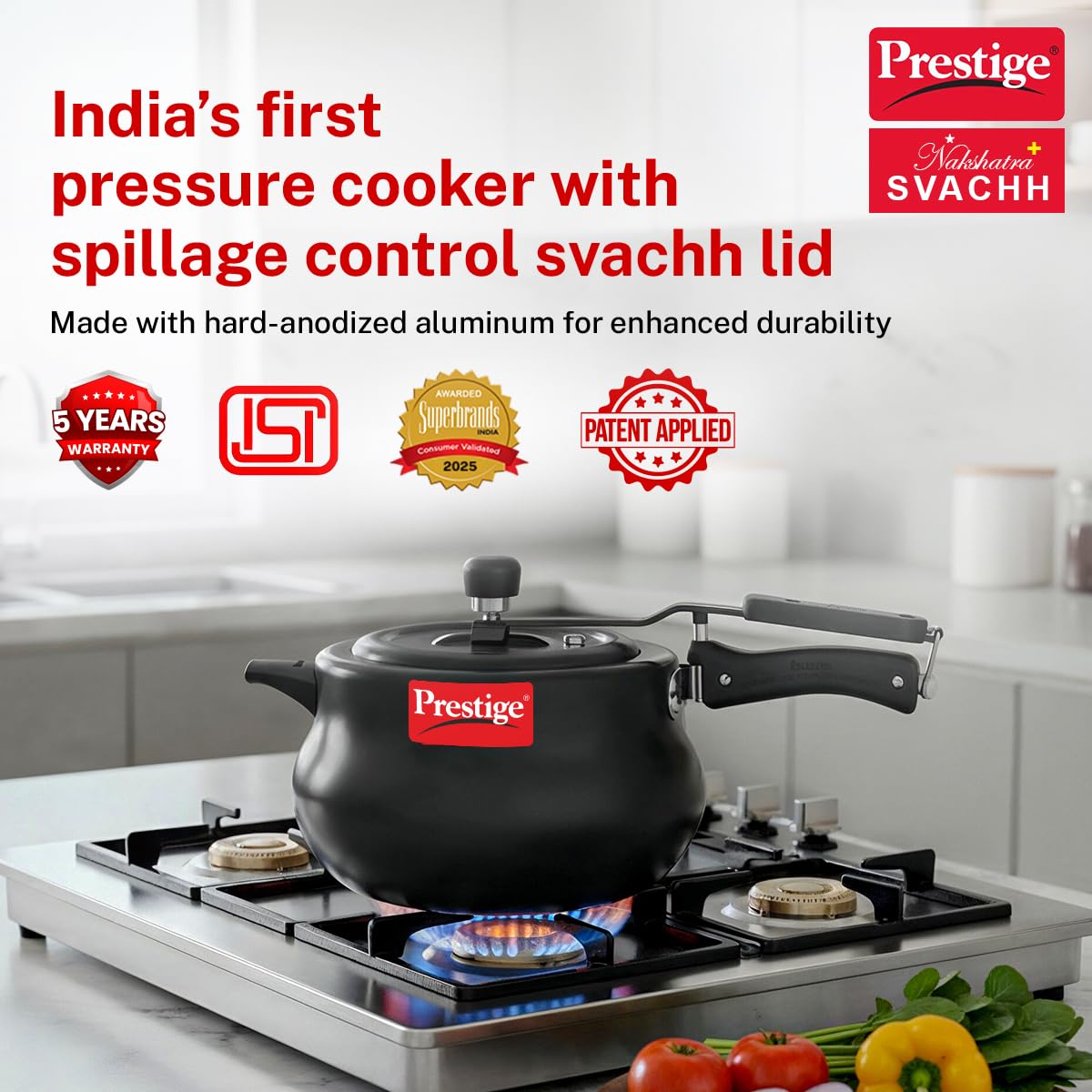 Prestige 5 Litre Hard Anodised Nakshatra Plus Svachh Innerlid Pressure Cooker|Deep lid for spillage control|Gas & Induction Compatible|Metallic Safety Plug|5 years warranty|ISI Certified