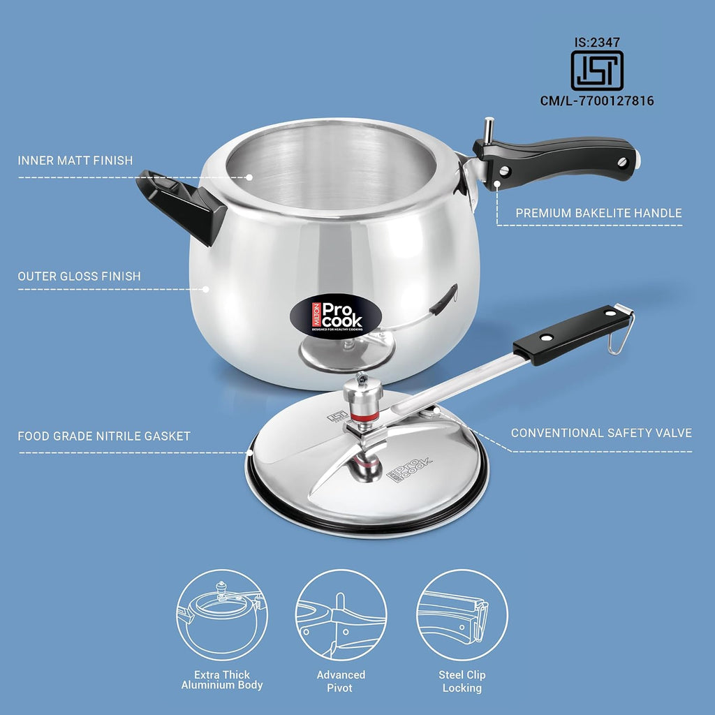 Milton Pro Cook 6.5 Litres Curve Pressure Cooker with Inner Lid, Aluminium, Non-Induction Bottom Handi, Hot Plate & Flame Safe, Silver, BIS Certified, 5 Years Warranty