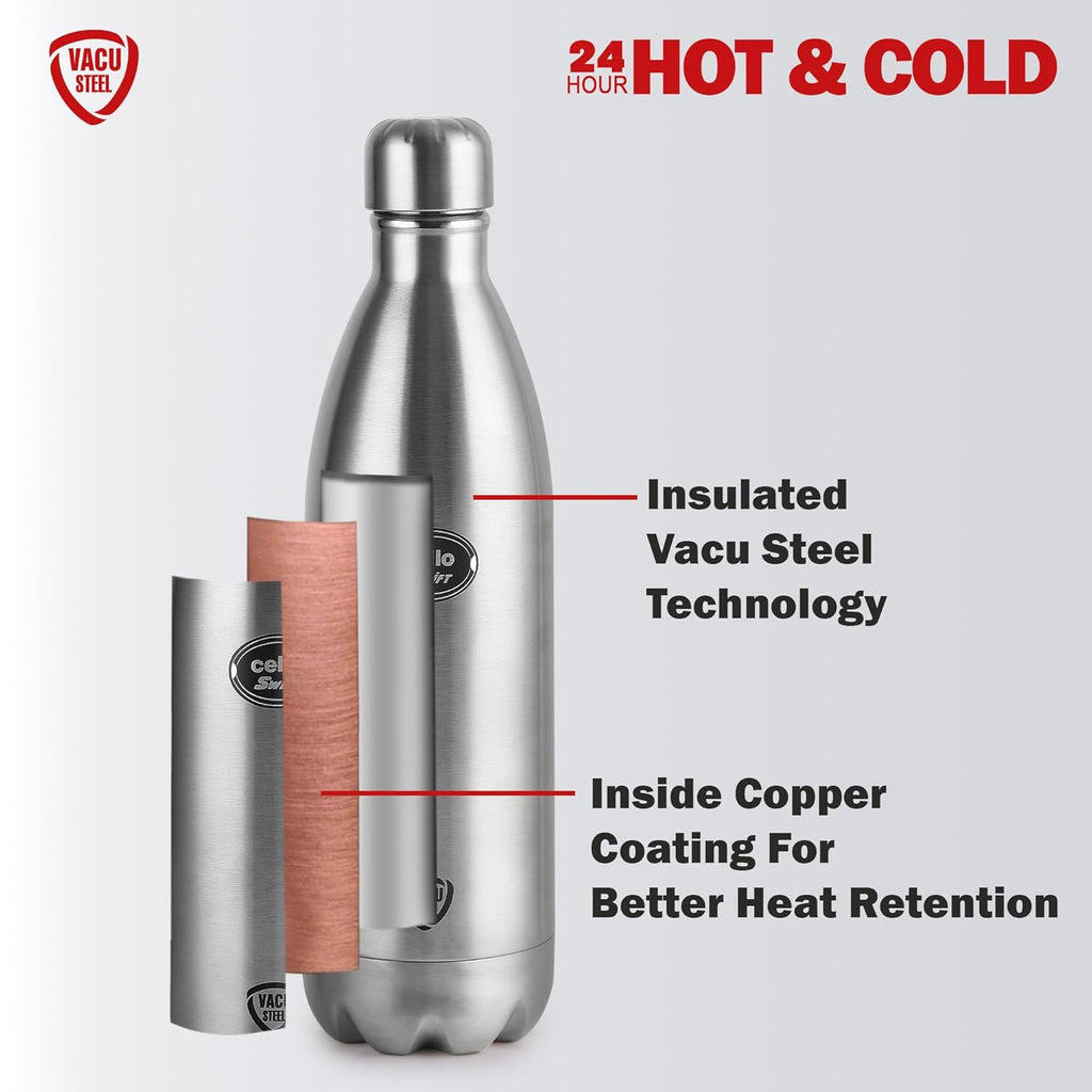CELLO Swift Stainless Steel Hot and Cold Water Bottle 500 ml Silver | ISI Certified Spillproof Leakproof Double Wall Vacuum Insulated Thermos Flask Water Bottle for School Kids, Office Gym & Trave