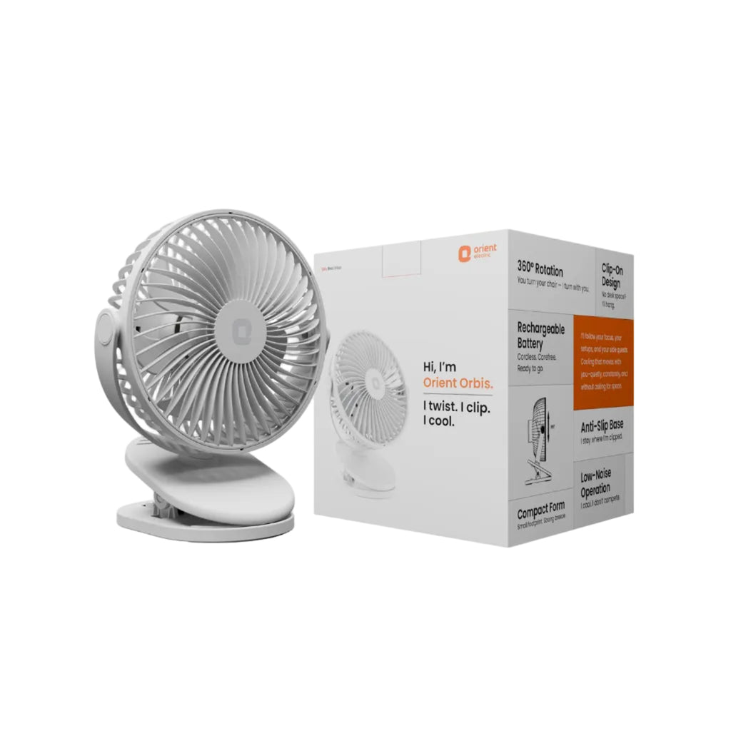 Orient Electric Orbis Rechargeable Personal Fan | 360° Rotation | 1800 mAh Battery | 4 Speed Modes with Timer | Quiet Operation | USB Type-C Charging | Clip-On Mini Fan | Cloud White