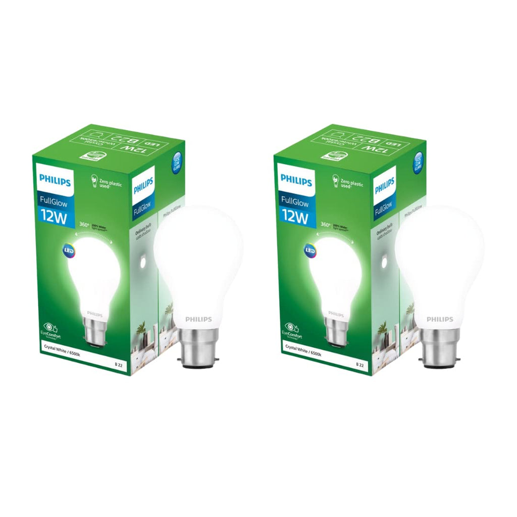 PHILIPS 12-Watt Glass LED Bulb | Full Glow Energy Saver 1200 Lumen Frosted Diffused LED Bulb | Base -B22 | Crystal White,Pack of 2