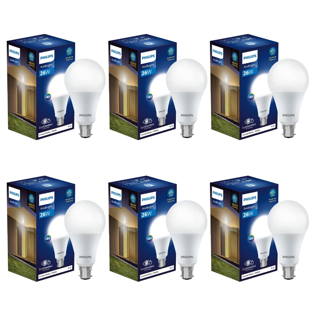 Philips 26-watt LED Bulb |AceBright High Wattage LED Bulb|Base: B22 Light Bulb for Home | Crystal White, Pack of 6
