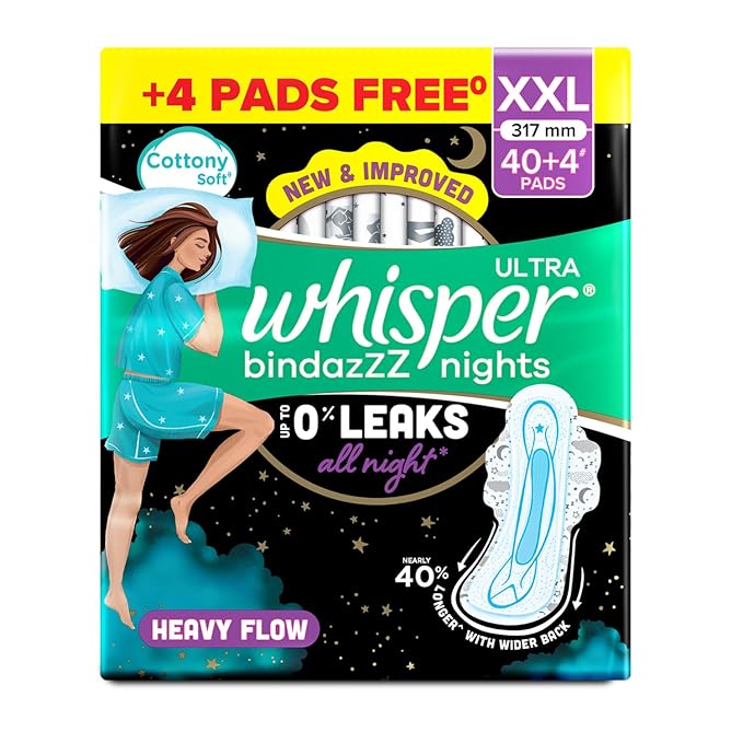 Whisper Bindazzz Nights 15x3 XXL Sanitary Pads, Upto 0% Leaks All Night Long, For Heavy Flow