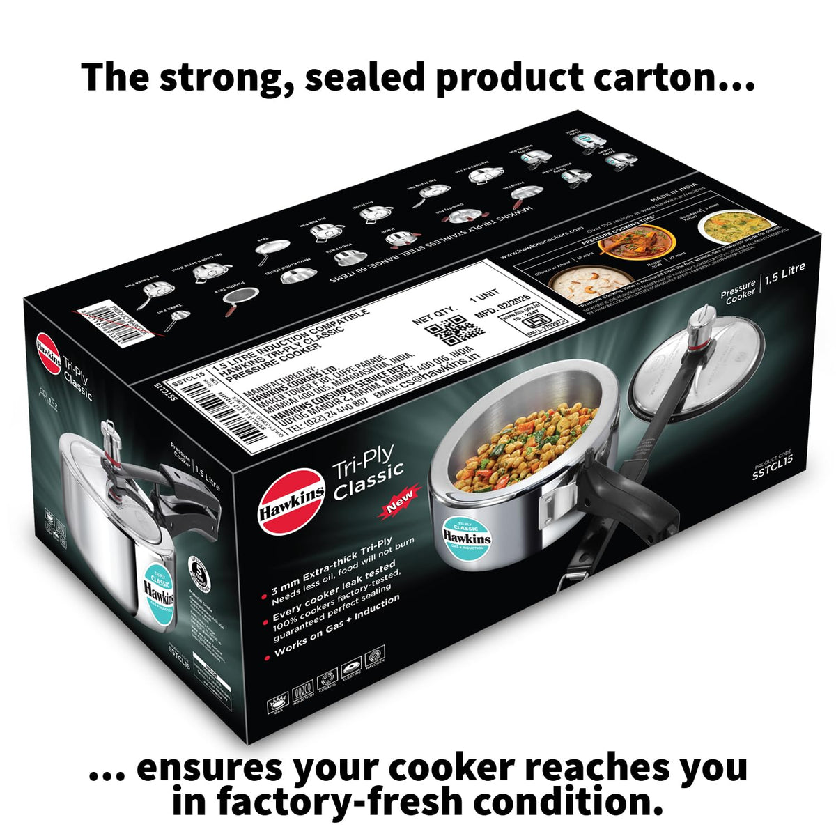Hawkins Classic 1.5 Litre Triply Stainless Steel Pressure Cooker | Straight Body | Induction & Gas Compatible | Ideal for 1–2 persons | ISI Certified | Guaranteed for 5 year | Silver (SSTCL15)