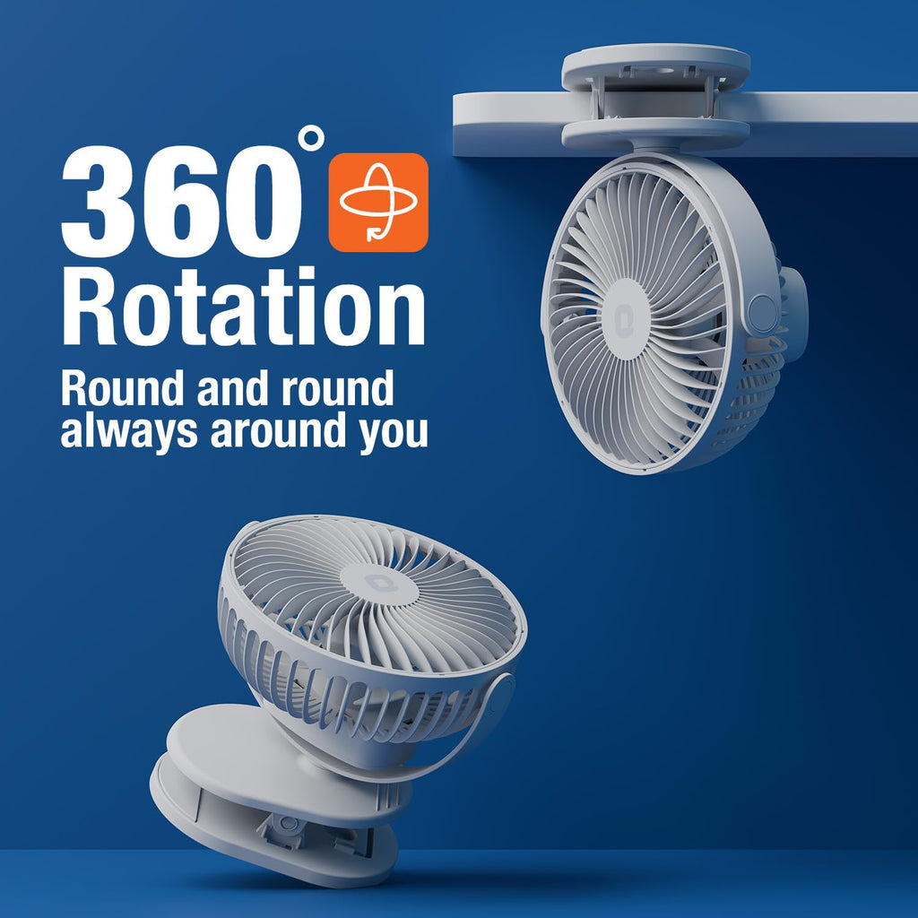 Orient Electric Orbis Rechargeable Personal Fan | 360° Rotation | 1800 mAh Battery | 4 Speed Modes with Timer | Quiet Operation | USB Type-C Charging | Clip-On Mini Fan | Cloud White