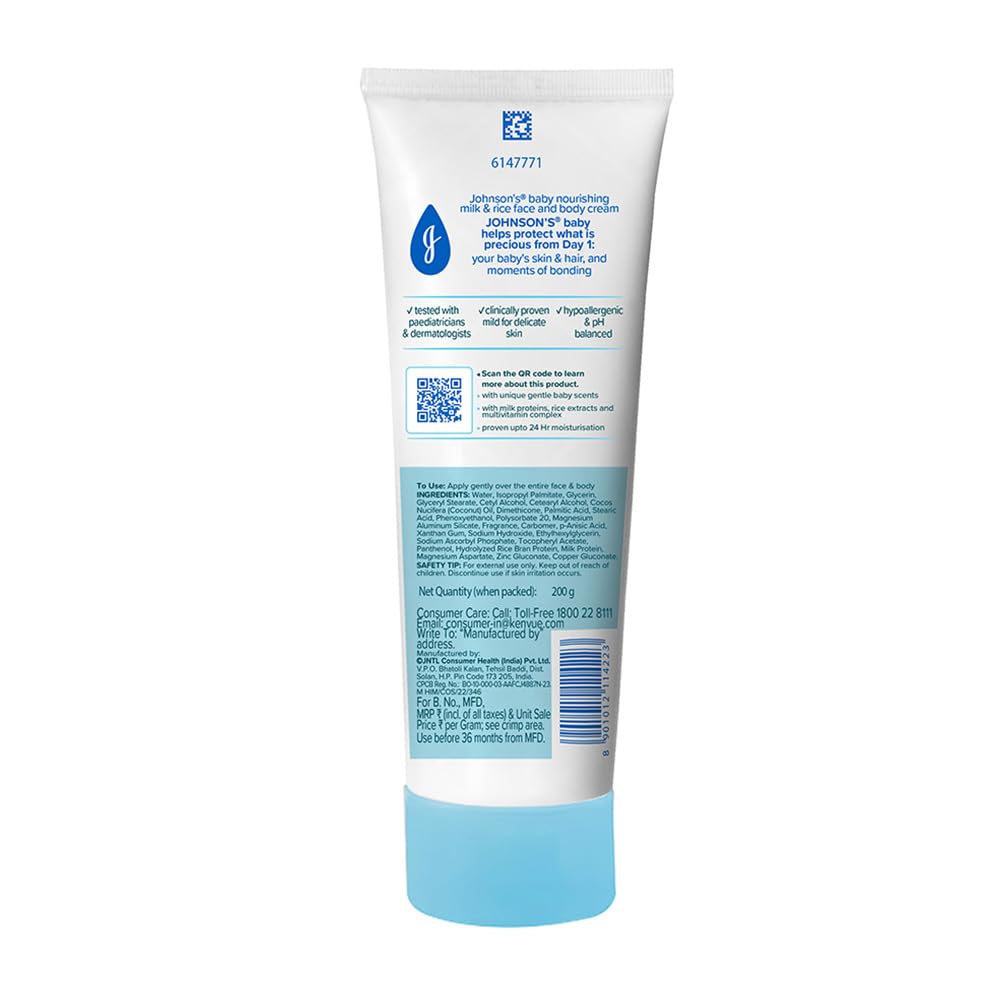 Johnson's Baby Milk and Rice Cream, 200g | Face & Body Cream for All Skin Types Including Sensitive Skin | With Milk Protein
