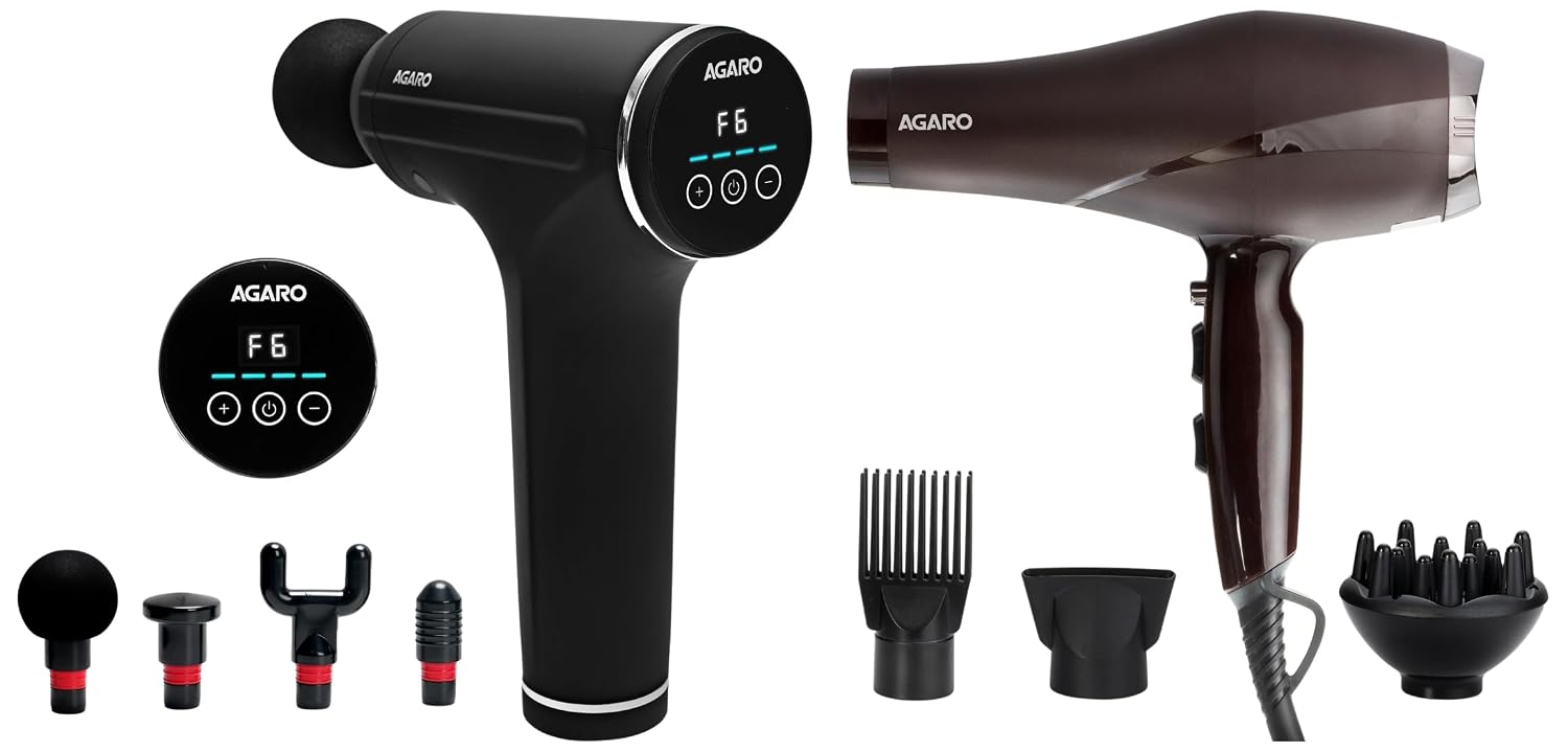 AGARO Galaxy Gun Massager 4 Heads 6 Speed Rechargeable for Full Body Pain Relief & HD-1120 2000W Professional Hair Dryer with Comb, Diffuser, 2 Speed, 3...