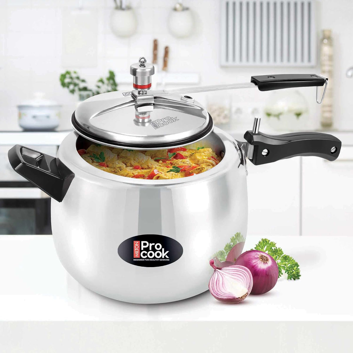 Milton Pro Cook 6.5 Litres Curve Pressure Cooker with Inner Lid, Aluminium, Non-Induction Bottom Handi, Hot Plate & Flame Safe, Silver, BIS Certified, 5 Years Warranty