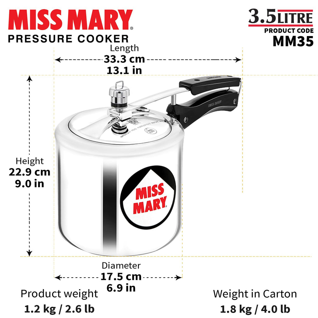 Hawkins 3.5 Litre Miss Mary Pressure Cooker, Inner Lid Cooker, Silver (MM35)