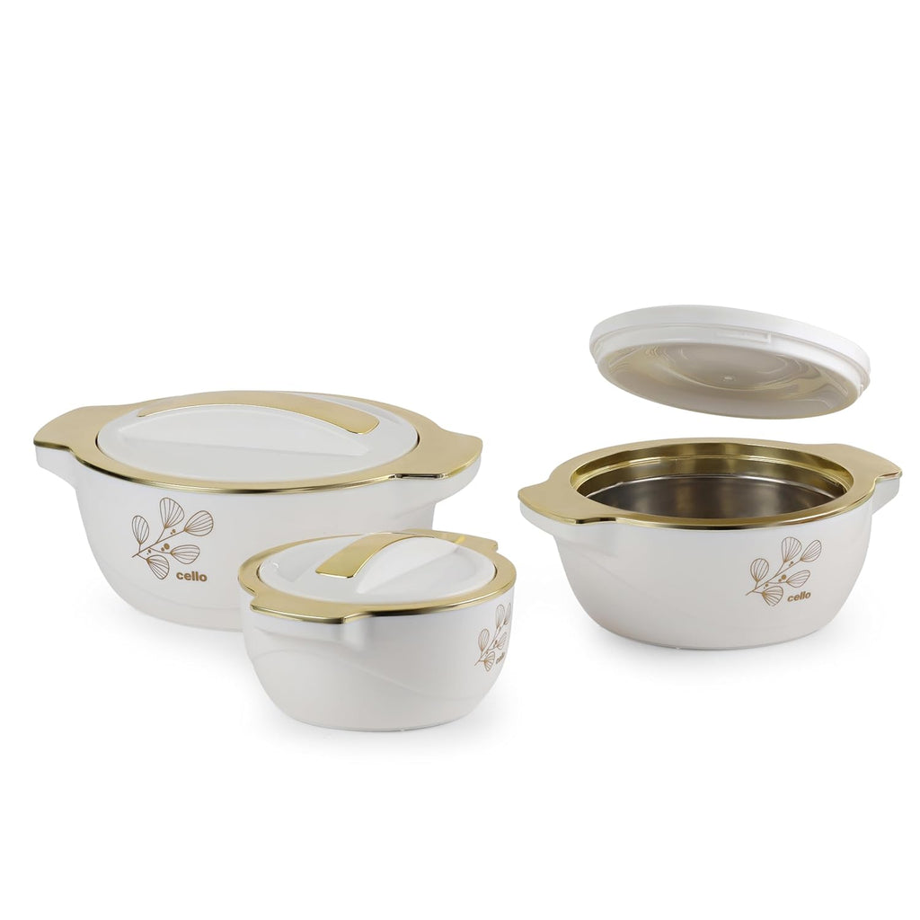 CELLO Radiant Set of 3 Pcs Insulated Steel Casserole Hot Box Case For Kitchen, White (500ml, 1000ml, 1500ml) |