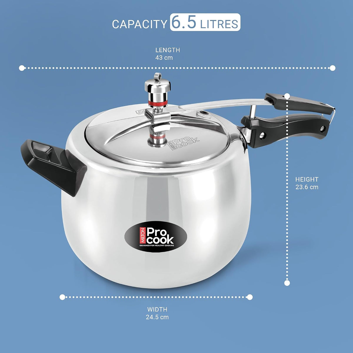 Milton Pro Cook 6.5 Litres Curve Pressure Cooker with Inner Lid, Aluminium, Non-Induction Bottom Handi, Hot Plate & Flame Safe, Silver, BIS Certified, 5 Years Warranty