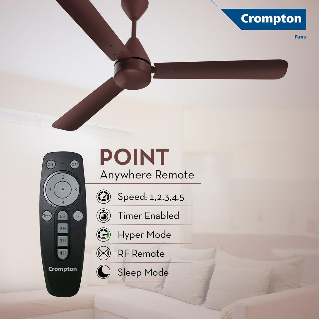 Crompton Energion Hyperjet 1200mm BLDC Ceiling Fan | Point Anywhere Remote Control | BEE 5 Star Rated Energy Efficient | Superior Air Delivery | Anti-Rust | 2 Year Manufacturer Warranty | Brown