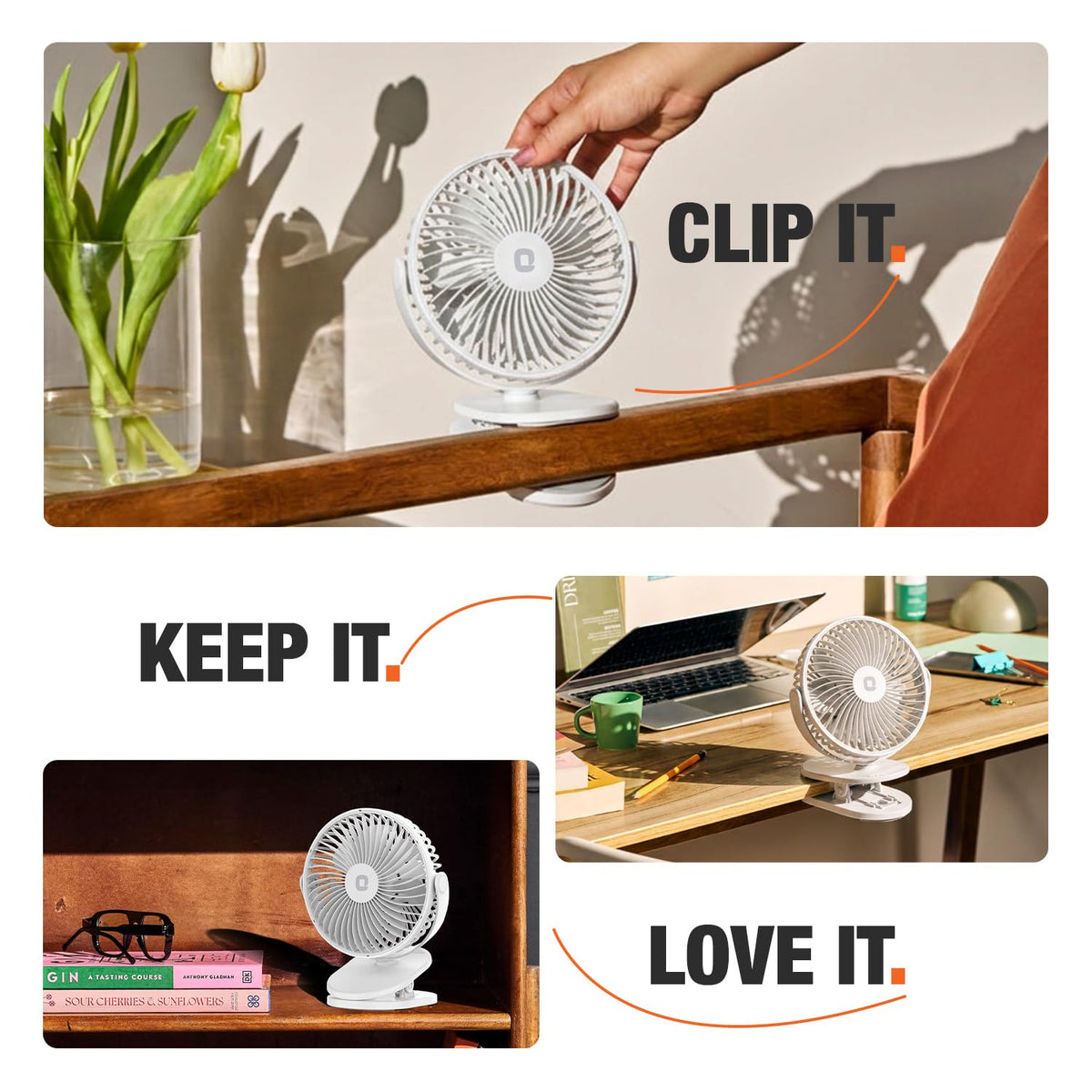 Orient Electric Orbis Rechargeable Personal Fan | 360° Rotation | 1800 mAh Battery | 4 Speed Modes with Timer | Quiet Operation | USB Type-C Charging | Clip-On Mini Fan | Cloud White
