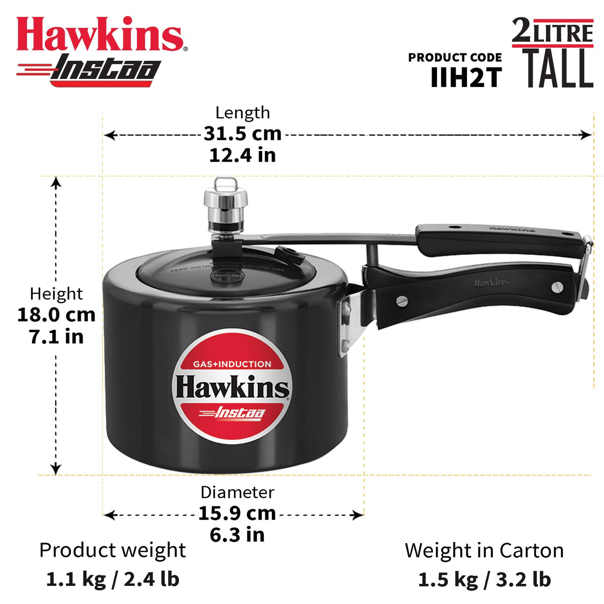 Hawkins 2 Litre Instaa Pressure Cooker, Induction Inner Lid Cooker, Tall Body Hard Anodised Cooker, Black (IIH2T)