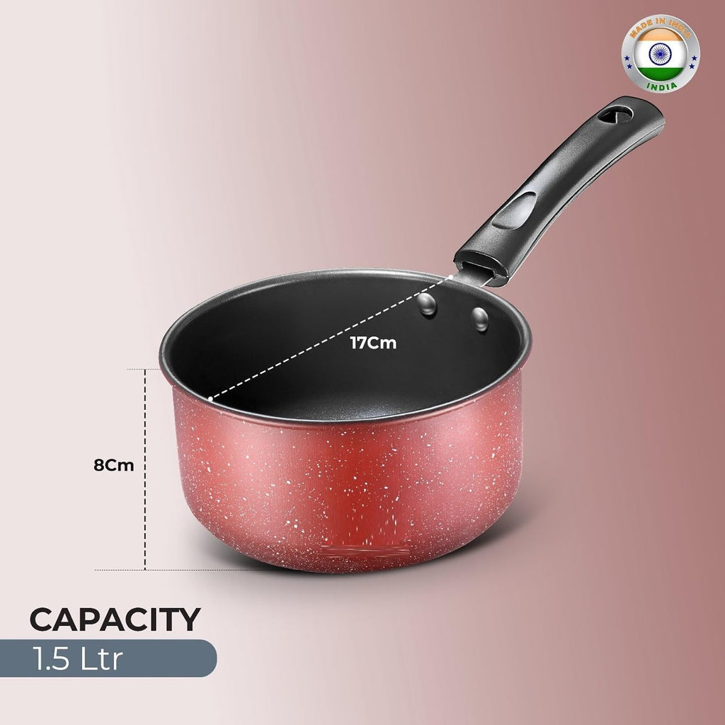 Premium Red Colour Iron Non-Stick 1.5 LTR Saucepan Comes with 350 ml Tadka Pan | Milk Pan | Saucepan | Sauce pan| Tea/Chai pan| Cooking Pan Compatible withgas and inductuon Also