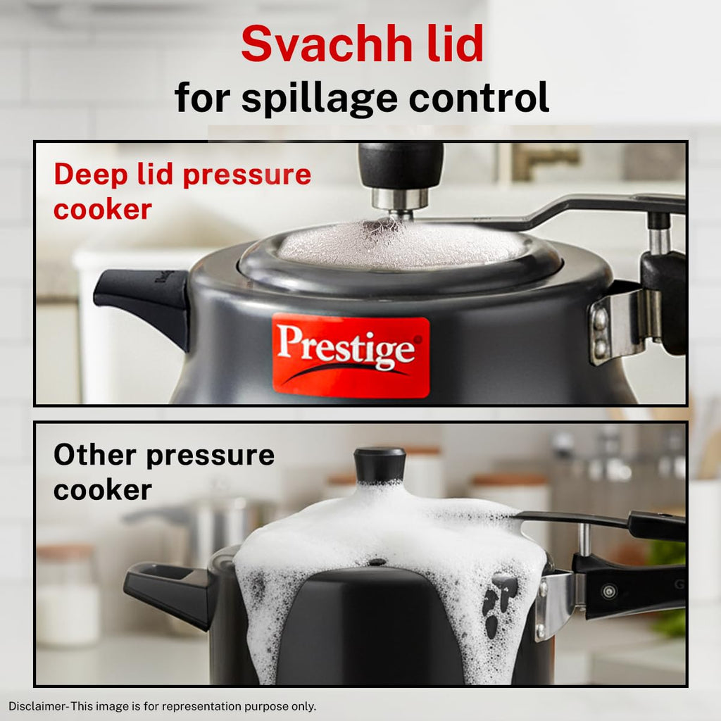 Prestige 5 Litre Hard Anodised Nakshatra Plus Svachh Innerlid Pressure Cooker|Deep lid for spillage control|Gas & Induction Compatible|Metallic Safety Plug|5 years warranty|ISI Certified