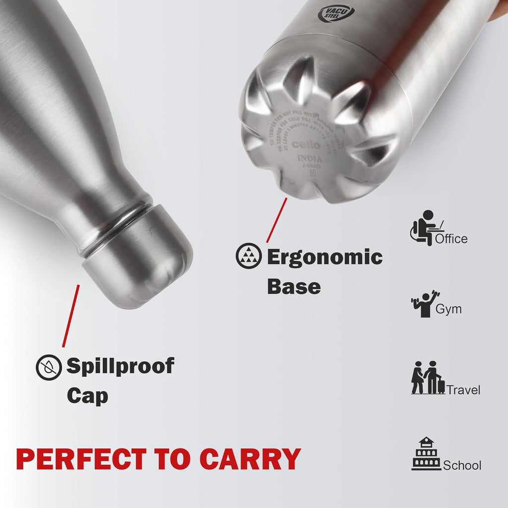 CELLO Swift Stainless Steel Hot and Cold Water Bottle 500 ml Silver | ISI Certified Spillproof Leakproof Double Wall Vacuum Insulated Thermos Flask Water Bottle for School Kids, Office Gym & Trave