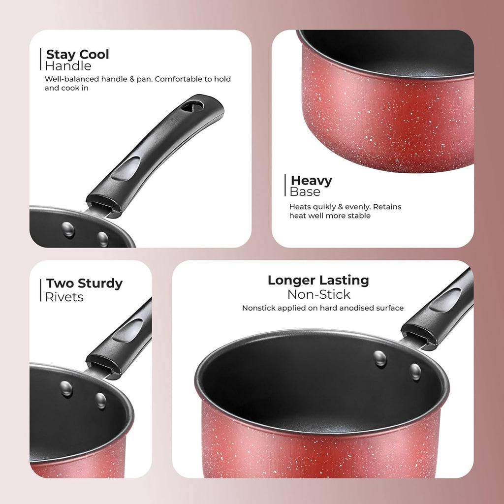Premium Red Colour Iron Non-Stick 1.5 LTR Saucepan Comes with 350 ml Tadka Pan | Milk Pan | Saucepan | Sauce pan| Tea/Chai pan| Cooking Pan Compatible withgas and inductuon Also