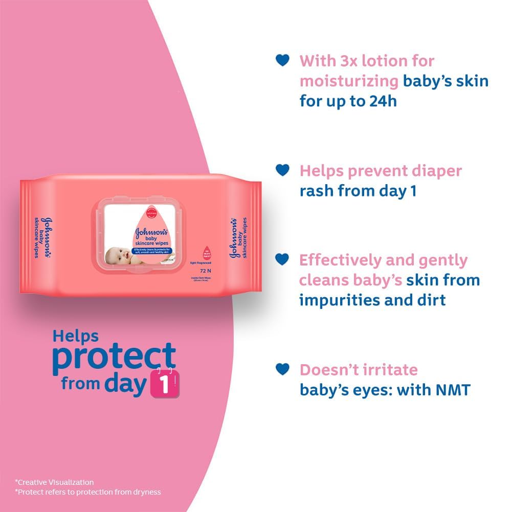 Johnson's Baby Wet Wipes | 216 Wipes | Alcohol & Soap Free | Prevents Rashes & Redness | with 3X Moisturising Lotion | As Mild as Pure Water | Enriched with Glycerin | (Pack of 2)