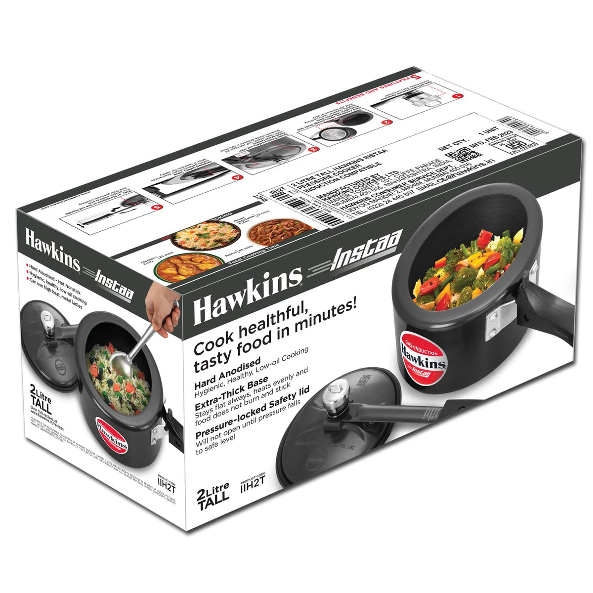 Hawkins 2 Litre Instaa Pressure Cooker, Induction Inner Lid Cooker, Tall Body Hard Anodised Cooker, Black (IIH2T)