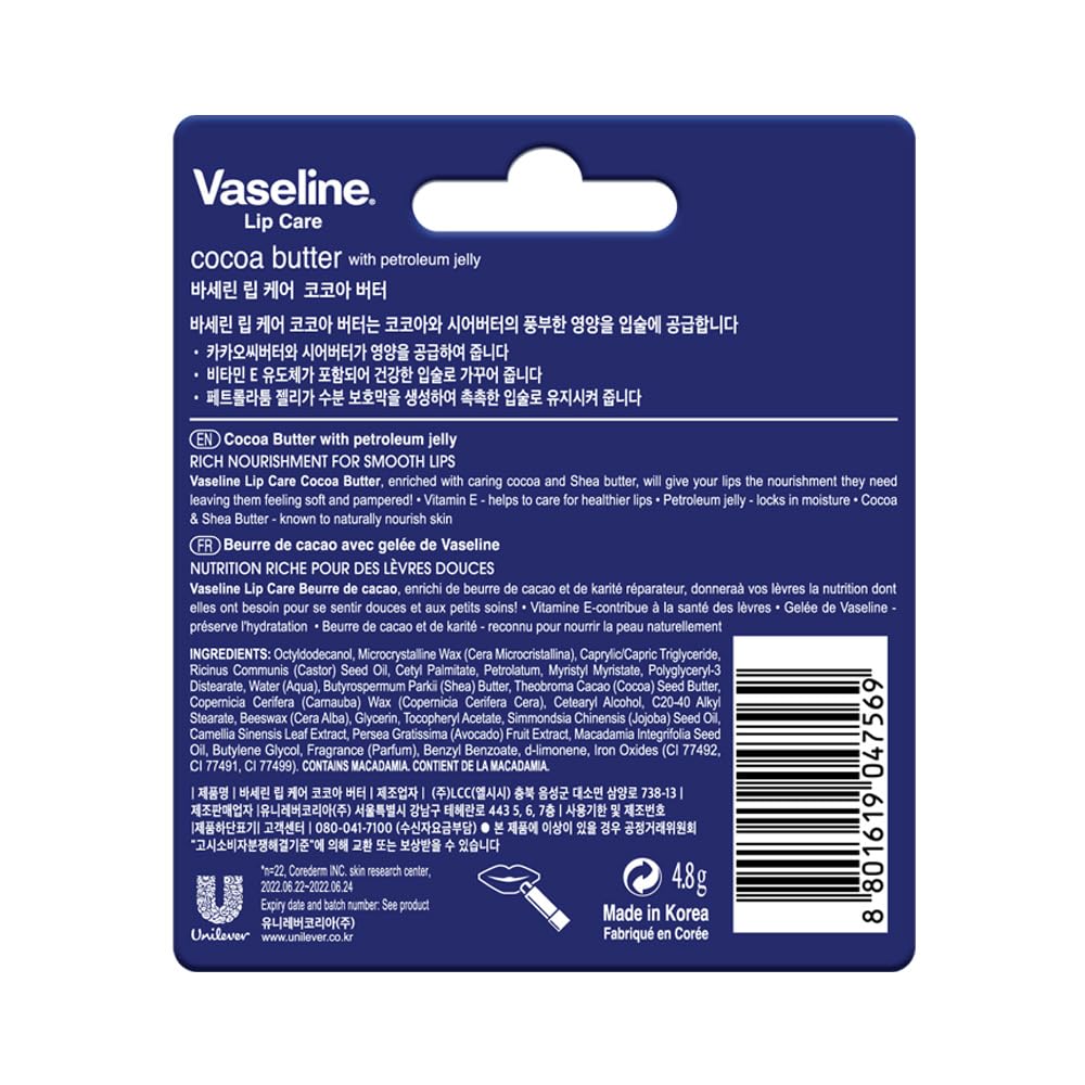 Vaseline Lip Care | Cocoa Butter Lip Balm Stick | up to 48Hr moisturization | with cocoa & shea butter | made in South Korea | 4.8g