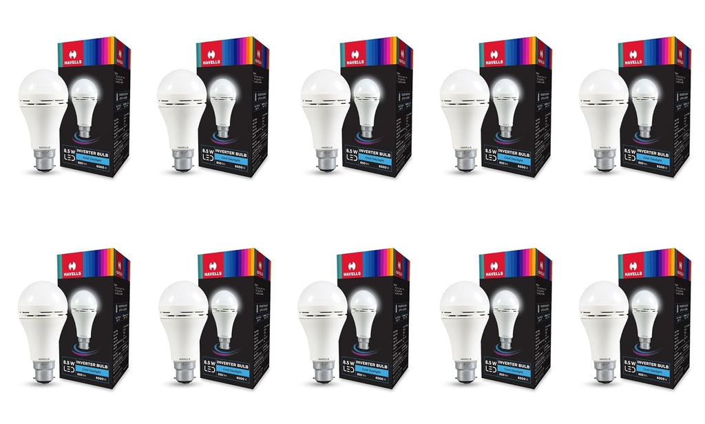 HAVELLS 8.5w LED Emergency Bulb | Shatter Resistant |Cool Day White (6500K) | B22 LED Bulb Base | Inverter Bulb for home,4 Hours battery back up| Li-ion Battery | Over charging Protection (PACK OF 10)