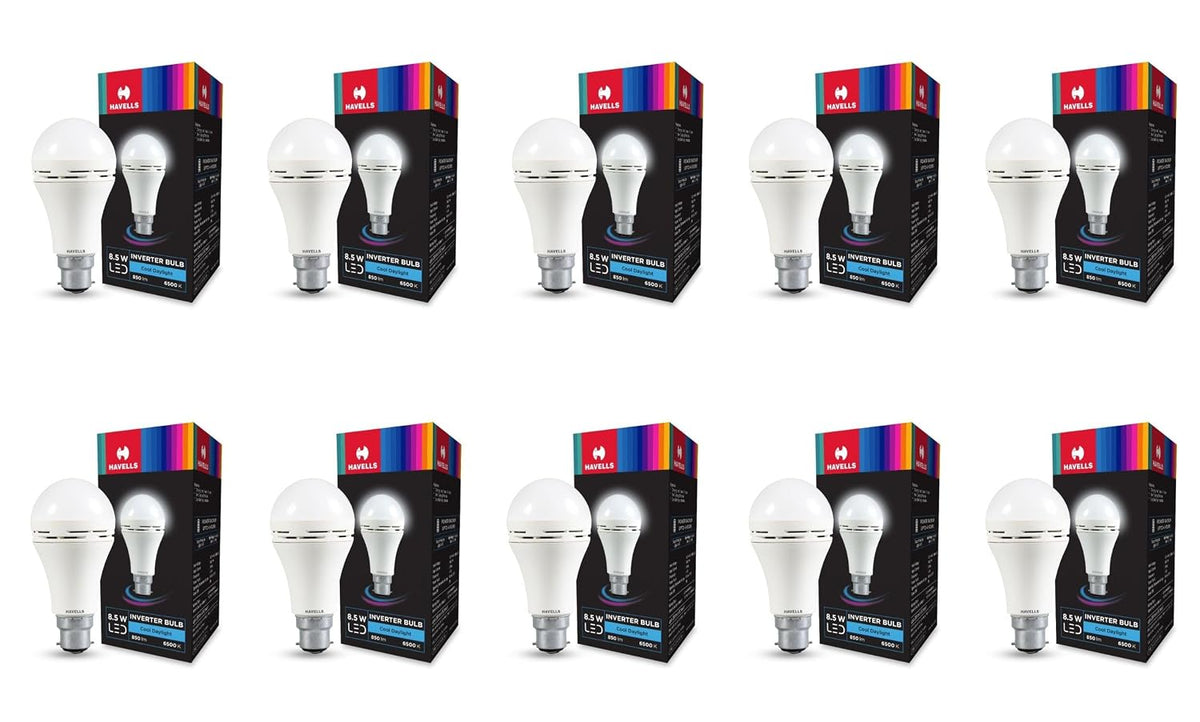 HAVELLS 8.5w LED Emergency Bulb | Shatter Resistant |Cool Day White (6500K) | B22 LED Bulb Base | Inverter Bulb for home,4 Hours battery back up| Li-ion Battery | Over charging Protection (PACK OF 10)